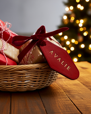 red christmas leather label with the name Avalie written in gold