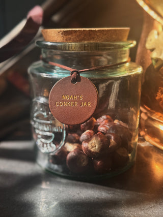 Personalised Leather Conker Label For Kids