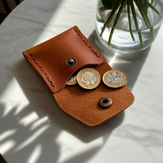 Tan Brown leather coin pouch with coins on a light surface with a plant in the background