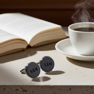 Navy Leather Cufflinks with 'S&W' initials on a table with a book and steaming cup of coffee.