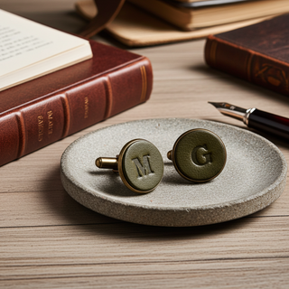 Green cufflinks with 'M' and 'G' on a stone coaster with books and a pen in the background.