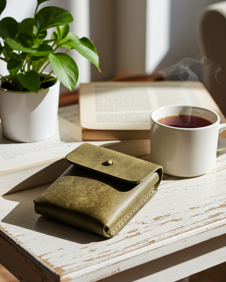 Green leather wallet on a wooden table with a cup of tea, books, and a plant.