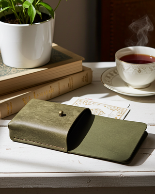 Green leather deck of cards holder on a wooden table with a cup of tea, books, and a plant.