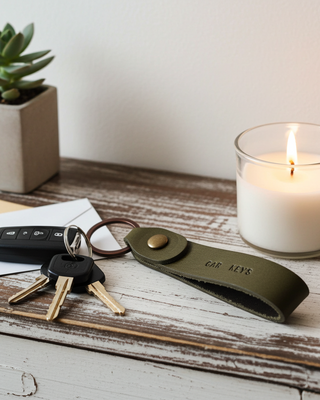 Olive green leather keychain with keys on a wooden surface next to a candle and plant.