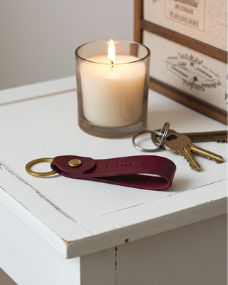 Candle on a white surface with an dark red leather keychain and keys nearby