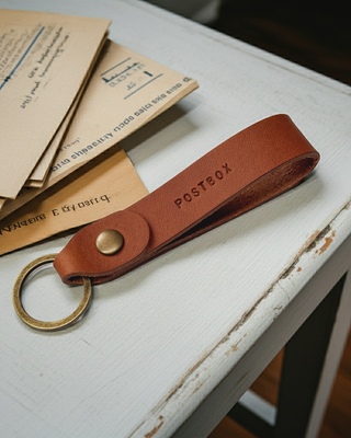 Tan leather personalised keyring with brass ring and rivet, letters on the table.
