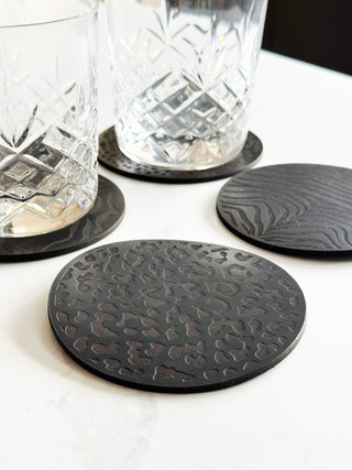 One Black Animal Print Leather Coasters, Leather Anniversary gift.