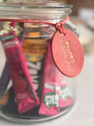 Personalised Oval Leather Reward Jar Label For Kids.