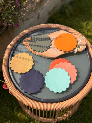 Scalloped Painted Leather Coasters, Perfect Gift for the Home