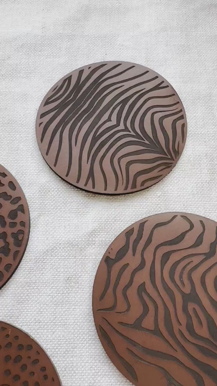 One Black Animal Print Leather Coasters, Leather Anniversary gift.