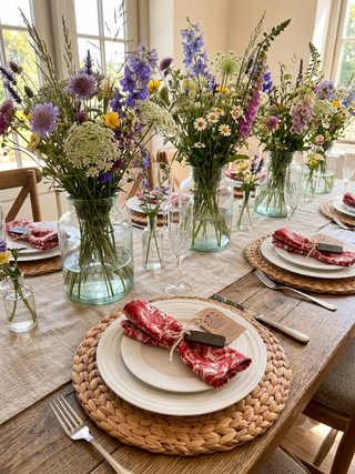 Wedding Dining table set with plates, cutlery, and floral arrangements in a bright room.