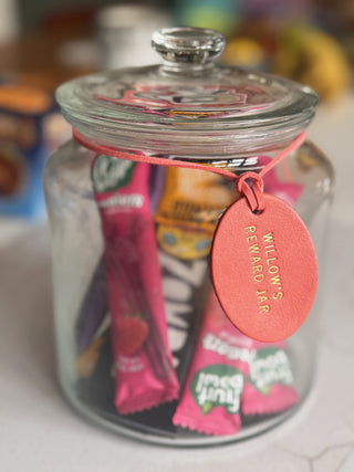 Personalised Oval Leather Reward Jar Label For Kids.