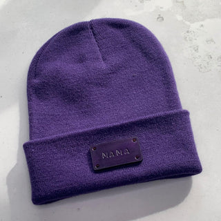 Hand stamped leather tag for Beanie hat. Personalised hat label. Bag label, scarf label.