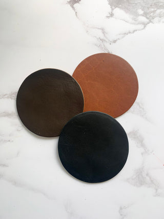 Blank Dark Tan Leather Circle Coasters, Handmade Real Leather Coaster Set, Anniversary Gift, Circle Coasters,