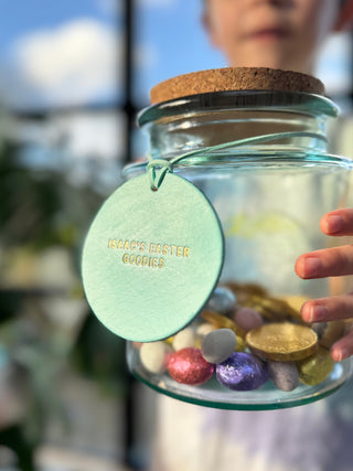 Personalised Leather Easter Jar Label For Kids, Children Easter Basket Tag.
