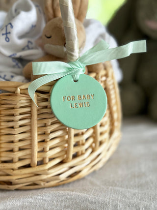 Handmade Personalised Leather Tags, Newborn Basket, Welcome Home Gift, Gift For Baby, Baby Hamper Tag